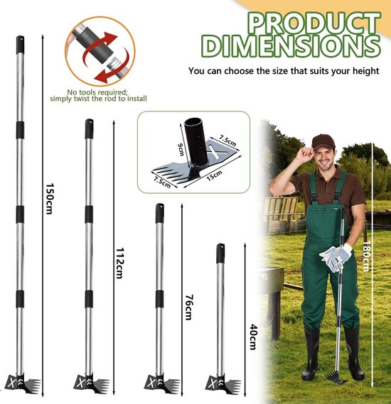 Onkruidtrekker Lange Steel - Tuinhark Schoffel - Staand Onkruid Wieden - 2-in-1 Kop - 150 cm - Grijs — afbeelding 5