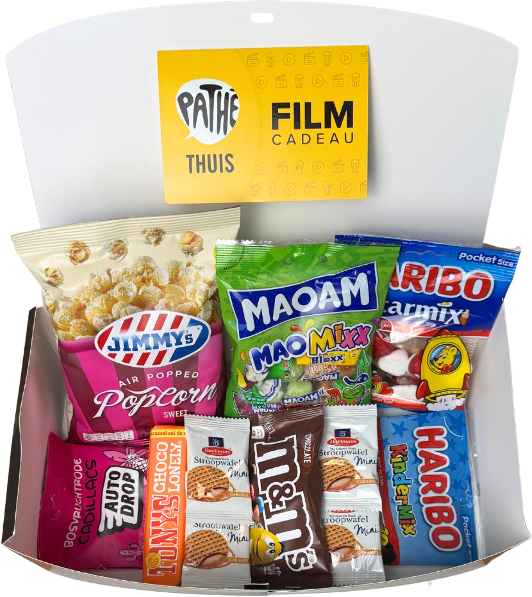 Filmpakket XL Sweetbox – Cadeaupakket NietMokken® met Pathé Thuis Cadeaukaart, Tony's, M&M's, Haribo, Popcorn & Stroopwafels – Cadeau voor Verjaardag, Vaderdag, Moederdag – Luxe Cadeaubox