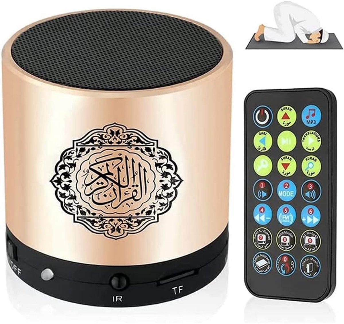 SnelShoppen - Quran Speaker MP3 Speler met Digitale Quran Vertaling, 8GB TF, USB, Oplaadbaar, FM Radio, Goud - Ideaal voor Leren en Luisteren