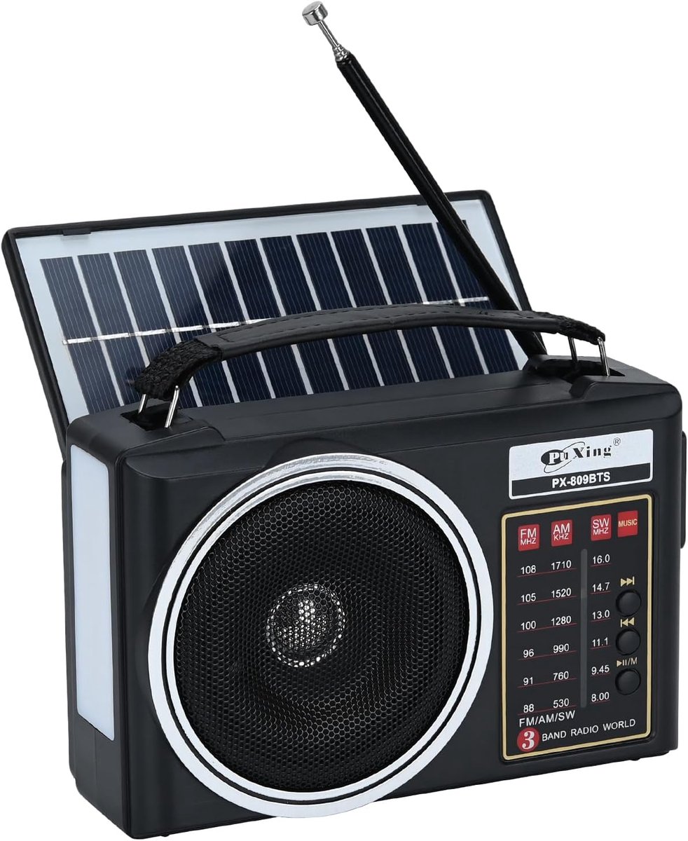 SnelShoppen - Portable Retro Radio - Compact AM/FM/SW Bluetooth Radio met Zonnepaneel, Draagbare LED Lichten, Oplaadbare Batterij, Ondersteuning voor