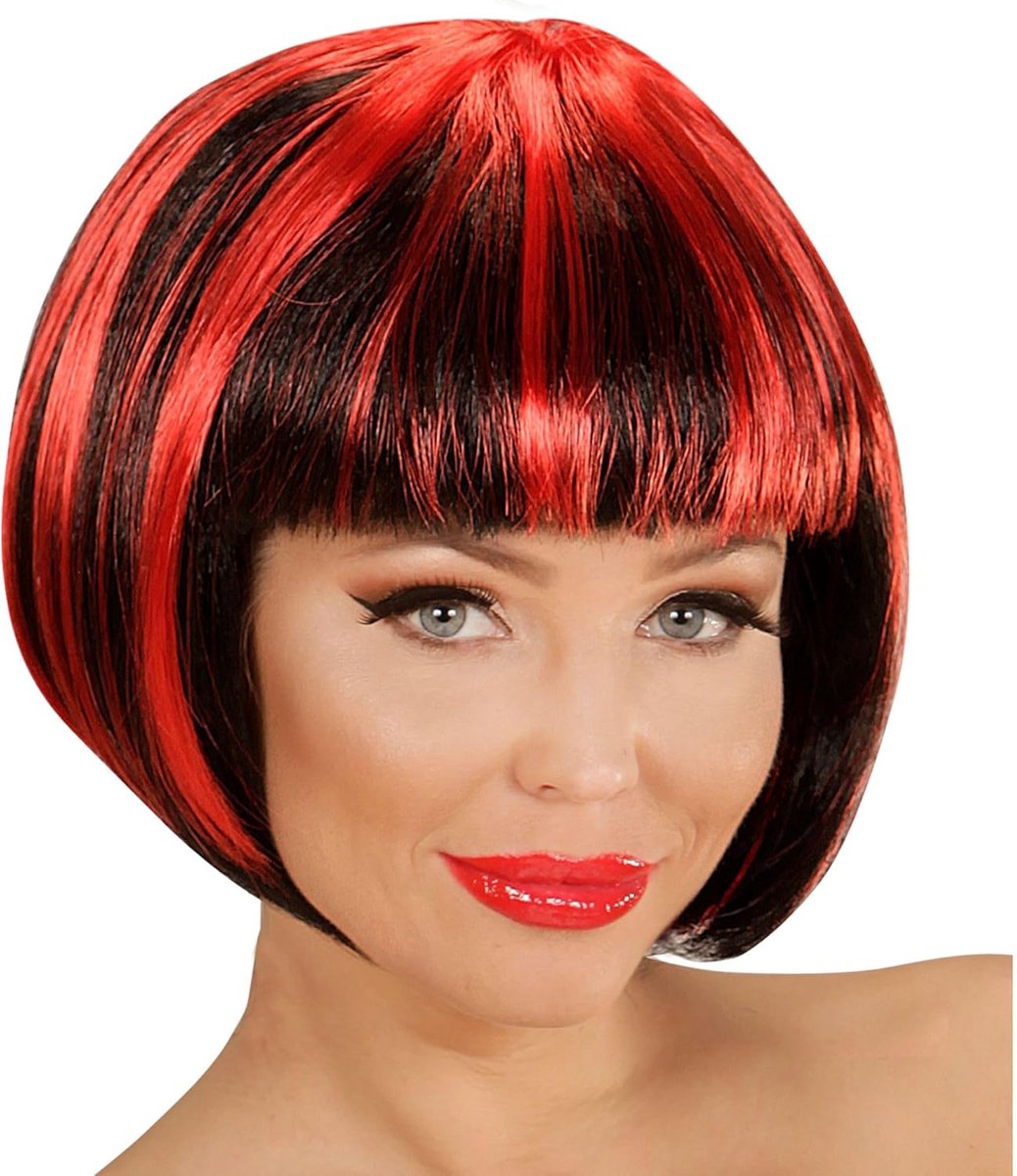 SnelShoppen - Fashion Streaks Wig Rood/Zwart Dames - Kunsthaar - One Size - Perfect voor Feestjes en Kostuums
