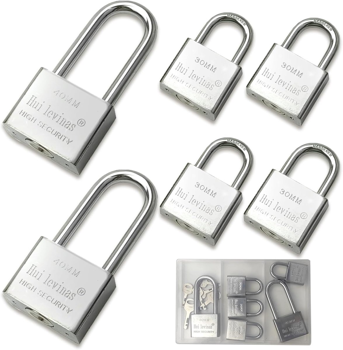 SnelShoppen - 6 Stuks Hangsloten met Sleutel: 4×30mm Korte Beugel + 2×40mm Lange Beugel Zware Duty Hangslot Beveiligingsslot met 12 Sleutels (2 Per Sl