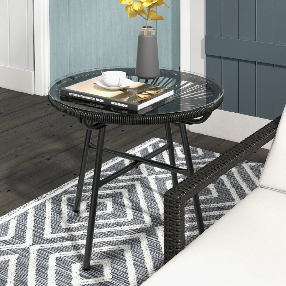 COVREO Bijzettafel 50 x 50 x 50 cm - zwart, gehard glas, PE-rattan, voor 2 personen