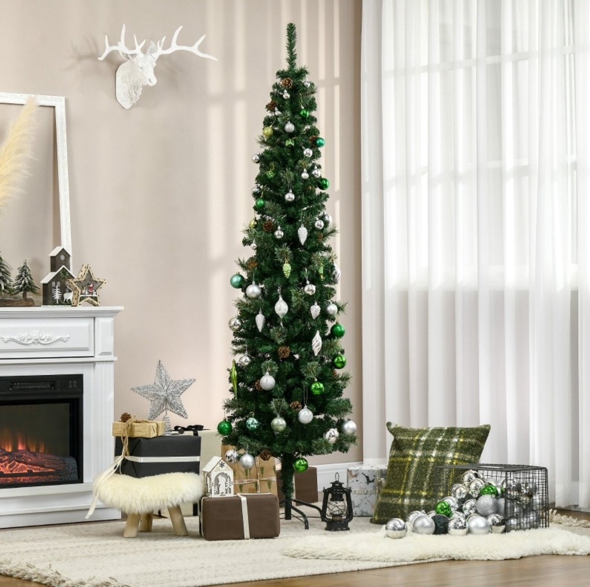 COVREO Kunstkerstboom 54 x 195 cm - groen, slank model, met dennenappels en vlamvertragend