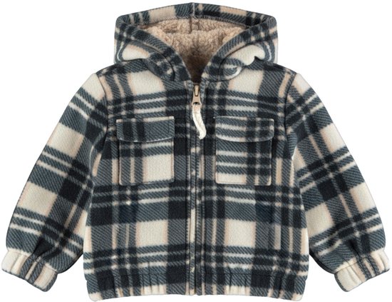 Grijze geruite fleece jas met capuchon, creme en roze accenten, met capuchon van teddy.