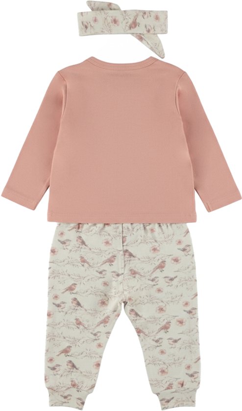 Achterkant van roze Dirkje outfit: shirt met lange mouwen, vogelprint broek en hoofdband.