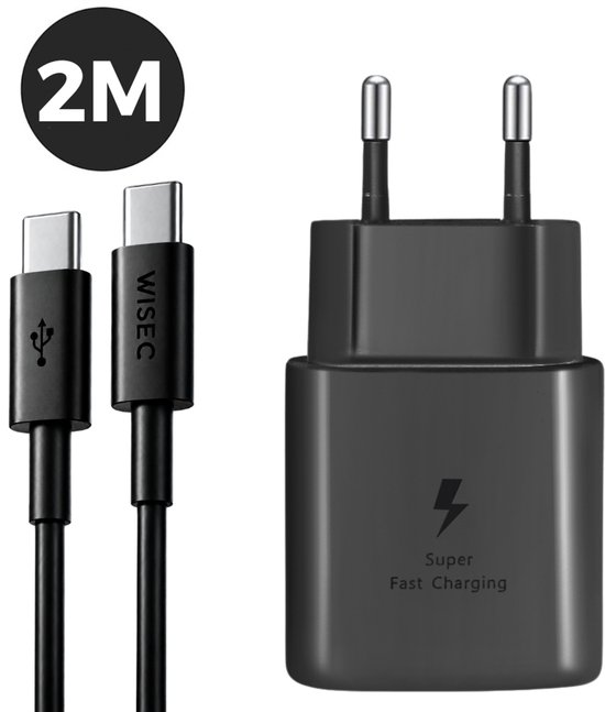 Zwarte 25W snellader en 2 meter USB-C kabel, voor o.a. Samsung.