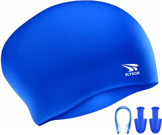 Foto: Elyxor badmuts dames heren inclusief zwemoordopjes en neusklem waterdicht en elastisch siliconen blauw