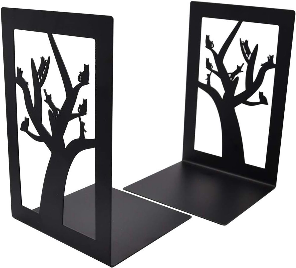 Minimalistische Metalen Boeksteunen - Verstelbare Antislip Boekhouder voor Bureau School Bibliotheek en Kantoor - Boom Motief - Zwart