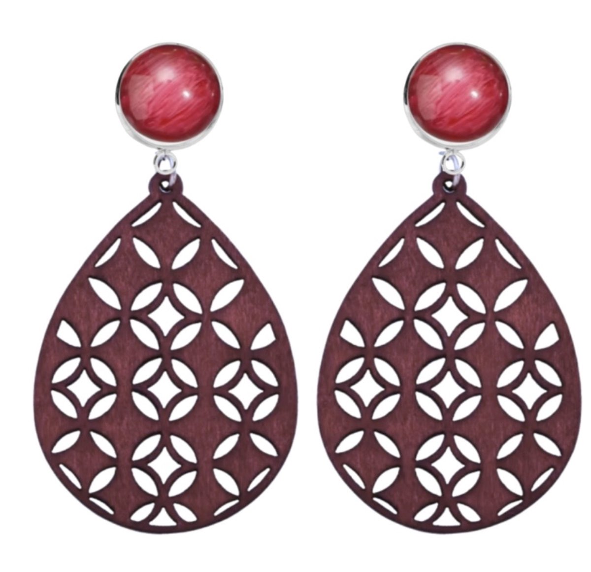 Clip oorbellen Bordeaux Rood Hout Zamora- geen gaatje- Charme Bijoux