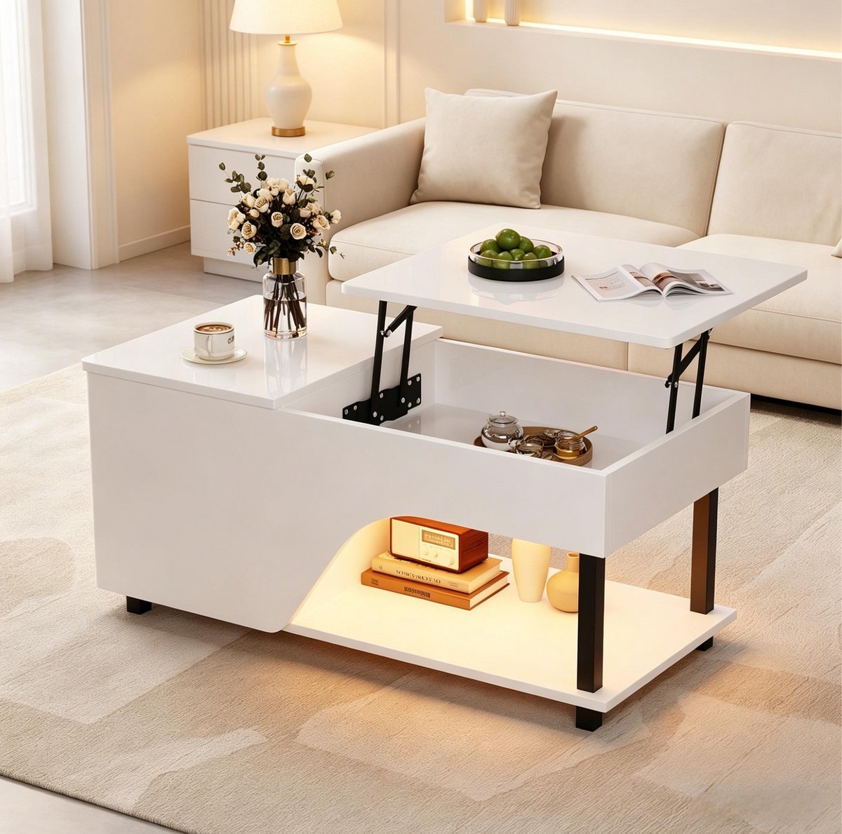 COVREO Salontafel 100x50x46 cm – hoogteverstelbaar, verborgen opbergruimte, wit