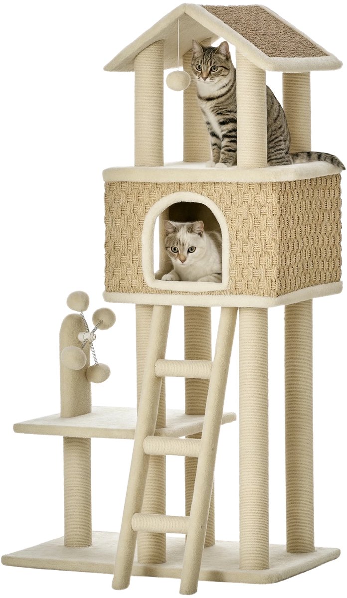 Krabpaal 130 cm – Klimboom met Katten Cave & Speelballen – Khaki