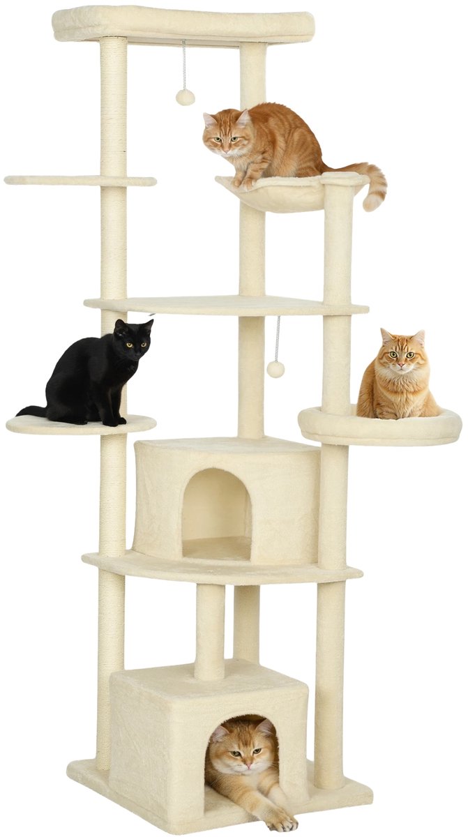 Grote Krabpaal 200 cm – Kattenboom met Ligbedden, Caves, Platforms & Speelballen – Beige