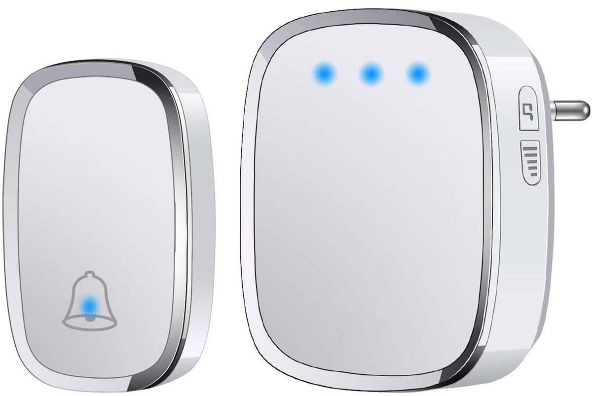 SnelShoppen - Draadloze Deurbel Buiten Waterdicht IP44, Wireless Doorbell tot 300M Bereik, LED-indicator, 1 Zender Knop en 1 Ontvanger, 5 Volume Inste