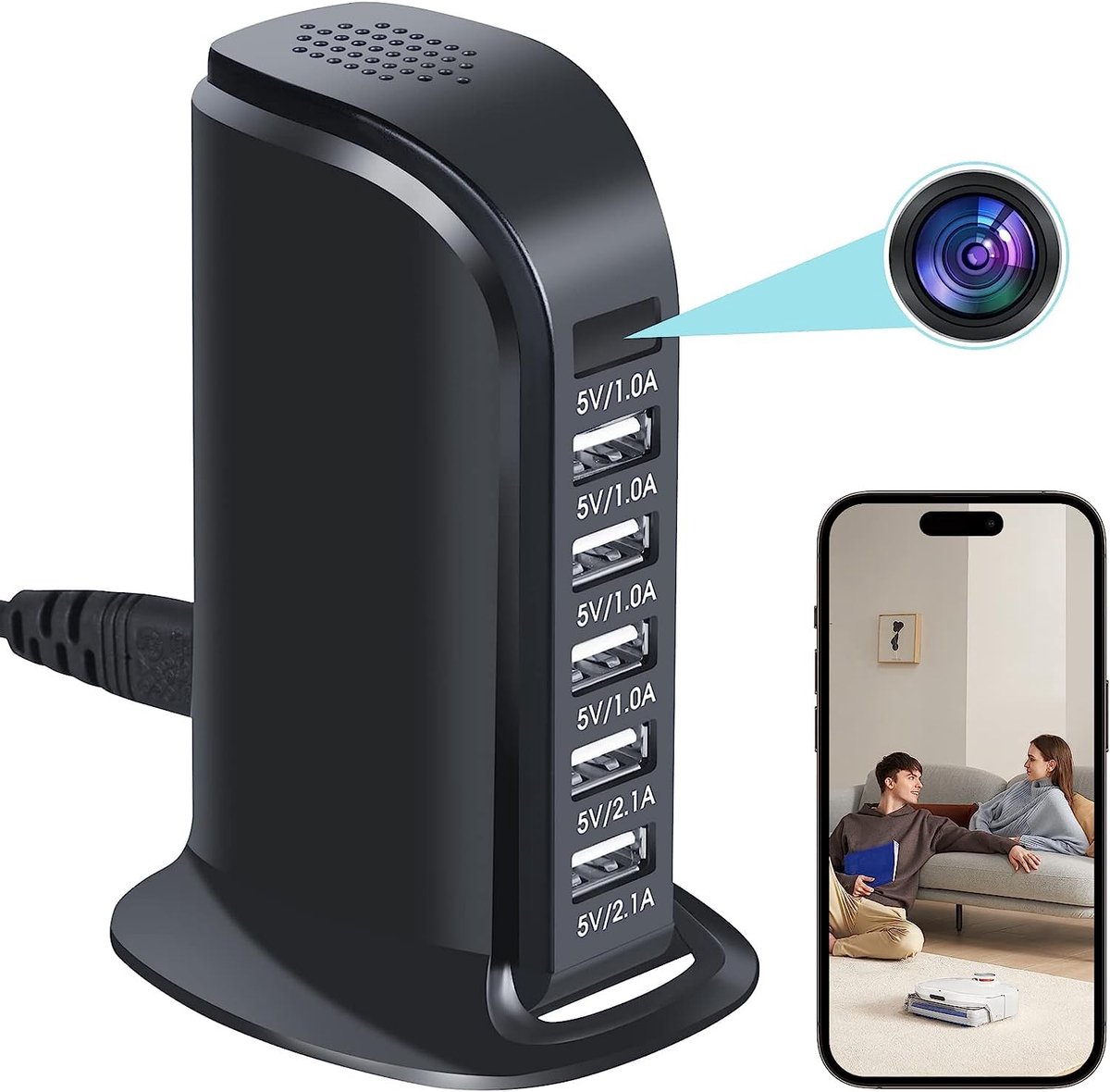 SnelShoppen - Verborgen 4K Spioncamera Lader WiFi USB 5 Port Hub - 1080P Draadloze Beveiligingscamera met Bewegingsdetectie en Afstandsbediening voor