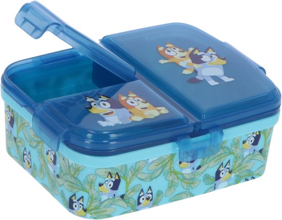 Blauwe Bluey broodtrommel met 4 vakken, met opdruk van Bluey en Bingo, en een turquoise bladprint.