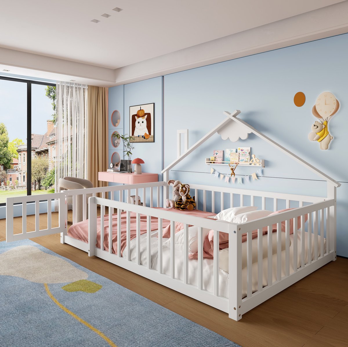 COVREO Kinderbed 140x190 cm wit hout en MDF met huisframe en uitvalbeveiliging