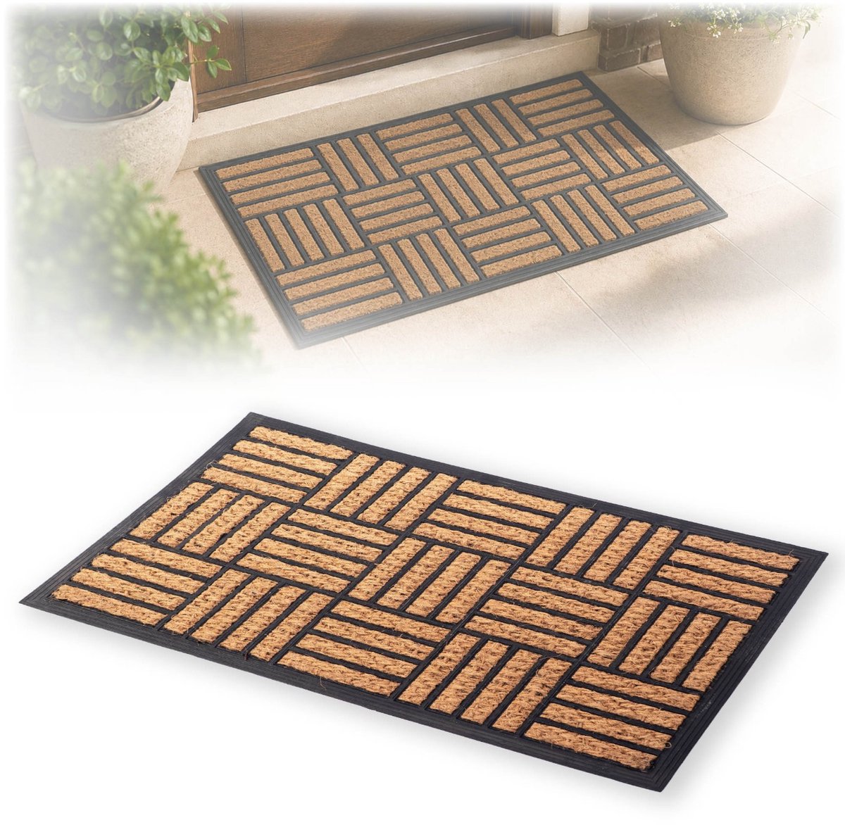 KADAX kokosmat 45 x 75 cm, rechthoekige deurmat van kokos en rubber, antislip deurmat voor buiten, vuilvangmat met rubberen onderkant bruin, zwart