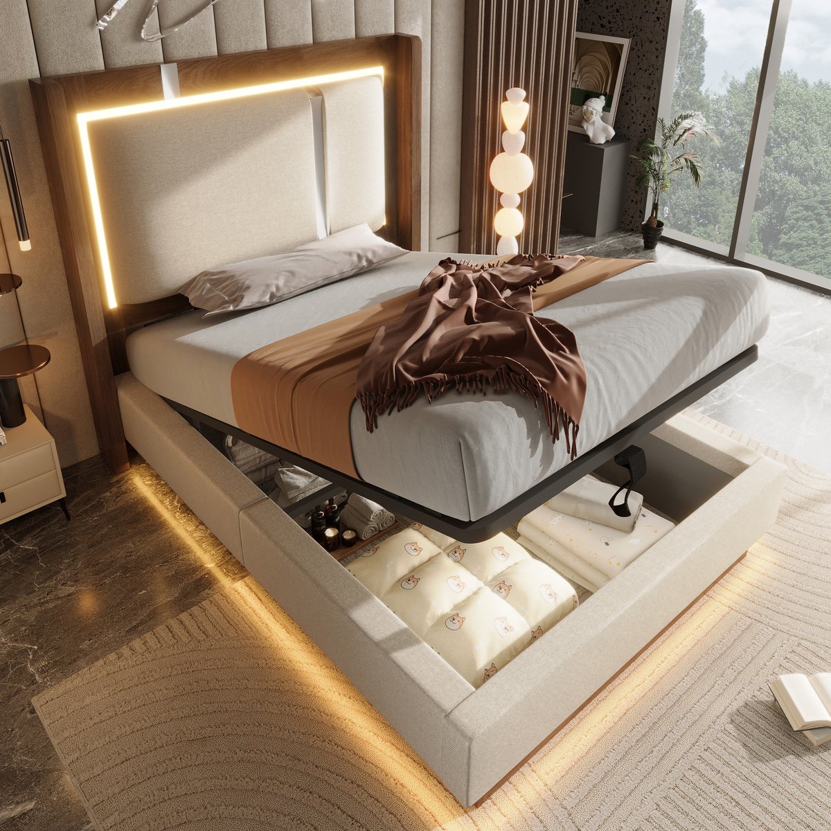 REDOM - Bed - Gestoffeerd bed met lattenbodem en LED - Bettkast met hydraulische opening - Retro stijl - Slaapkamer - Hout, metaal, stof - Beige, Walnoot - 209 x 106 x 110 cm