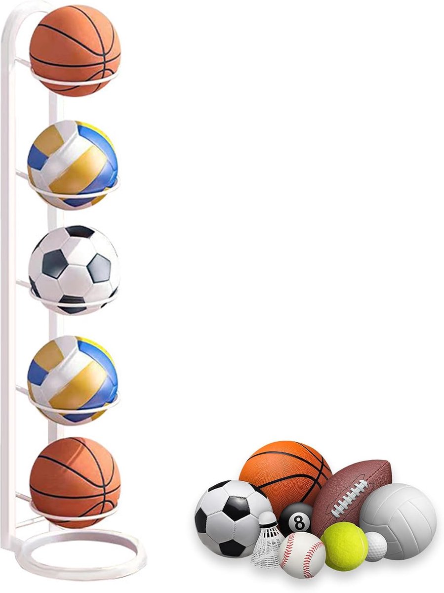SnelShoppen - 5 Laags Ballenrek Wit - Verticale Ballenopslag - Balstandaard voor Voetbal, Basketbal, Volleybal - Stabiel en Duurzaam - Ideaal voor Thu