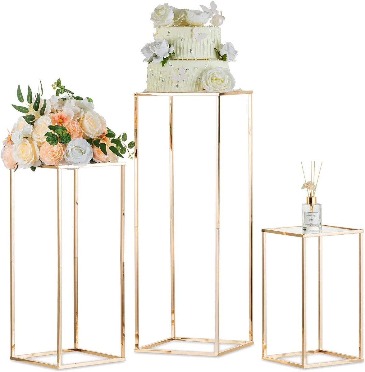 SnelShoppen - Gold Flower Stand 3 Stuks, Metaal Vazen met Acrylaat, Hoge Vazen voor Tafel, Geometrische Bloemrekken, Bruiloft Decoratie, Centertpieces