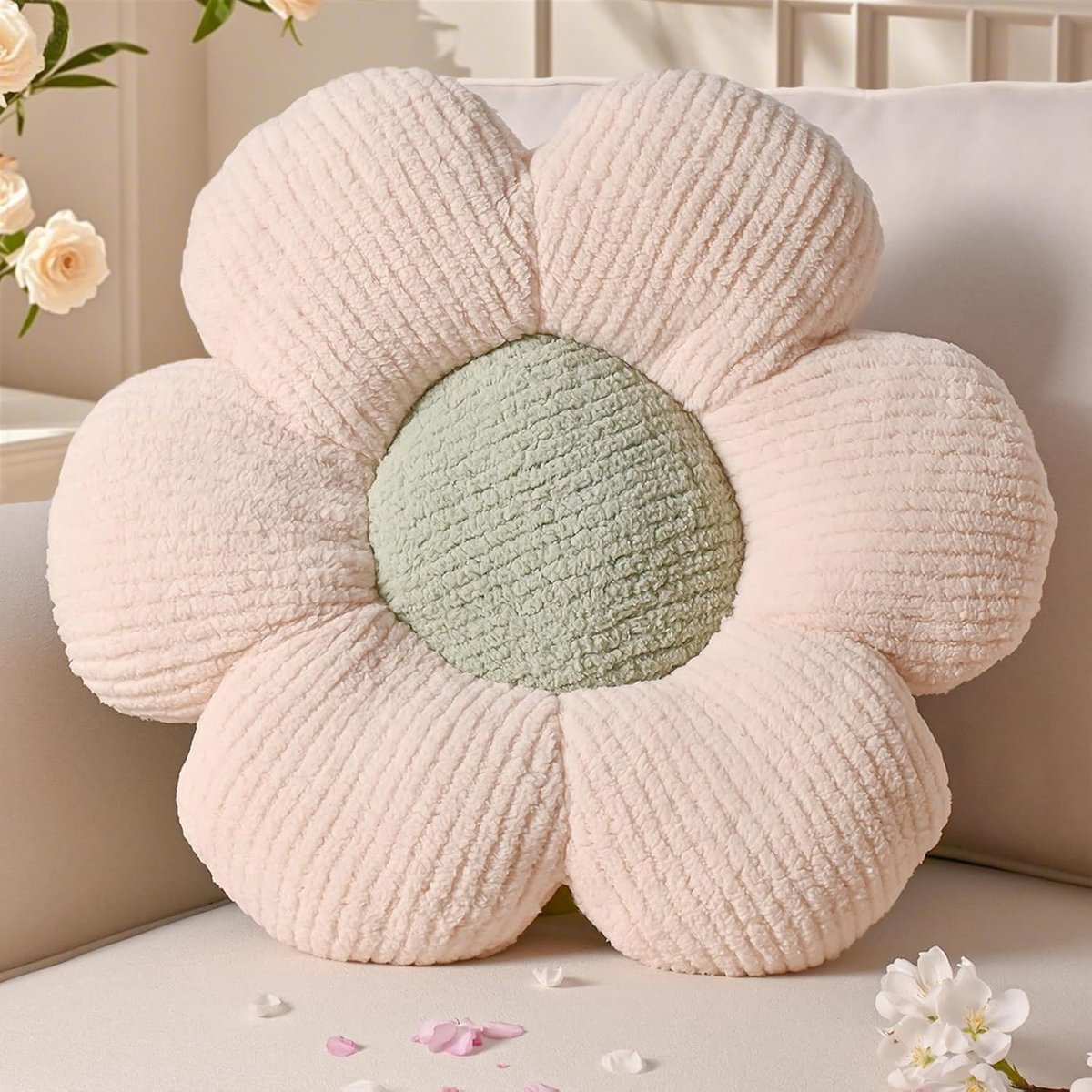 SnelShoppen - Flower Cushion Cream Green - Decoratieve Kussen 50 cm - Pluche Vloerkussen voor Bank en Bed - Kinderen's Kamer - Daisy Design - Zacht en