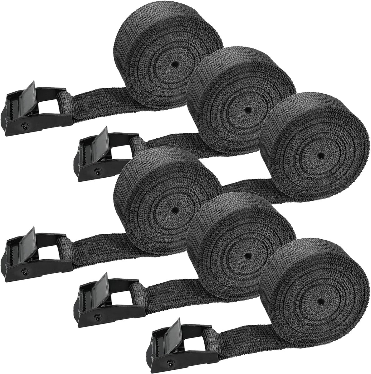 SnelShoppen - Lashing Straps 2.5m met Clamp Lock - Verstelbare Bevestigingsriemen voor Fietsen, Motoren, Kayaks, Luggage - Zwart - Set van 6