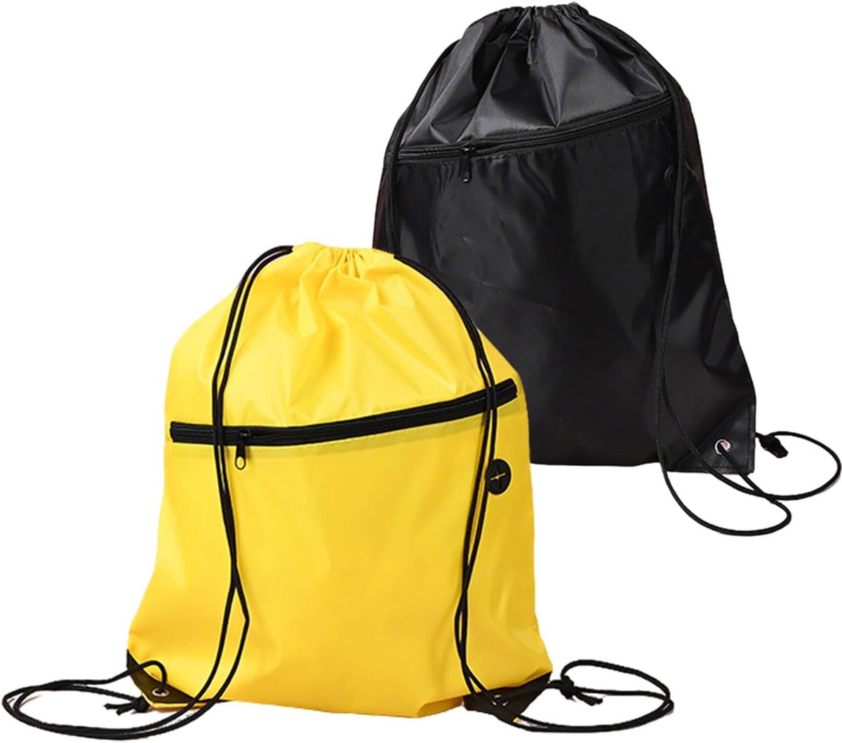 SnelShoppen - Set van 2 Gymtassen met Trekkoord - Zwart en Geel - Ruime Sporttassen met Verstelbare Schouderband en Ritssluiting voor School, Reis, Sp