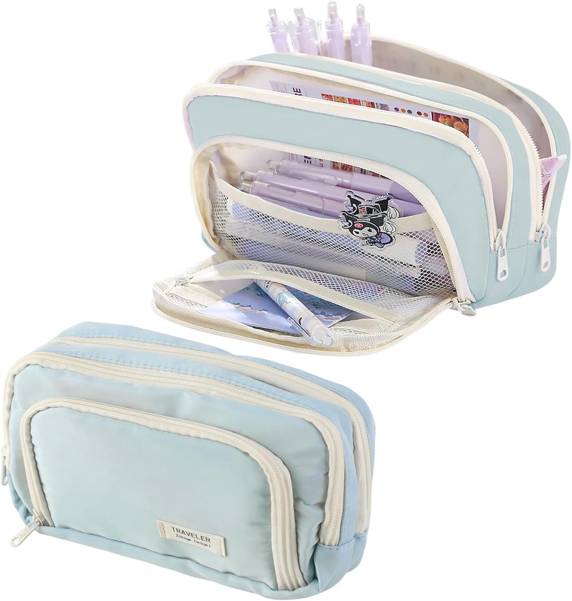 SnelShoppen - Luxe Pennenhouder met 3 Compartimenten, Hoge Capaciteit, Aesthetische Etui voor Kinderen, Jongens, Meisjes, Tieners en Studenten, Lichtb