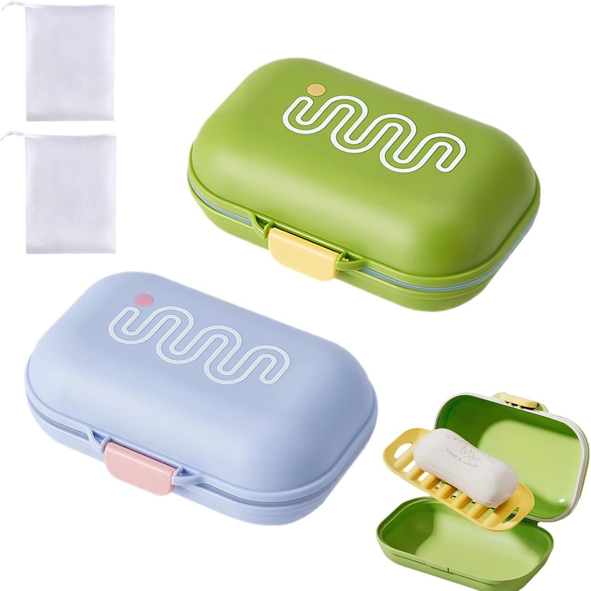 SnelShoppen - Set van 2 Waterdichte Zeepdozen, 11.5 x 7.5 x 4.8 cm, Draagbare Zeepbox met Deksel en Afvoergat, Inclusief 2 Foam Netten voor Badkamer,