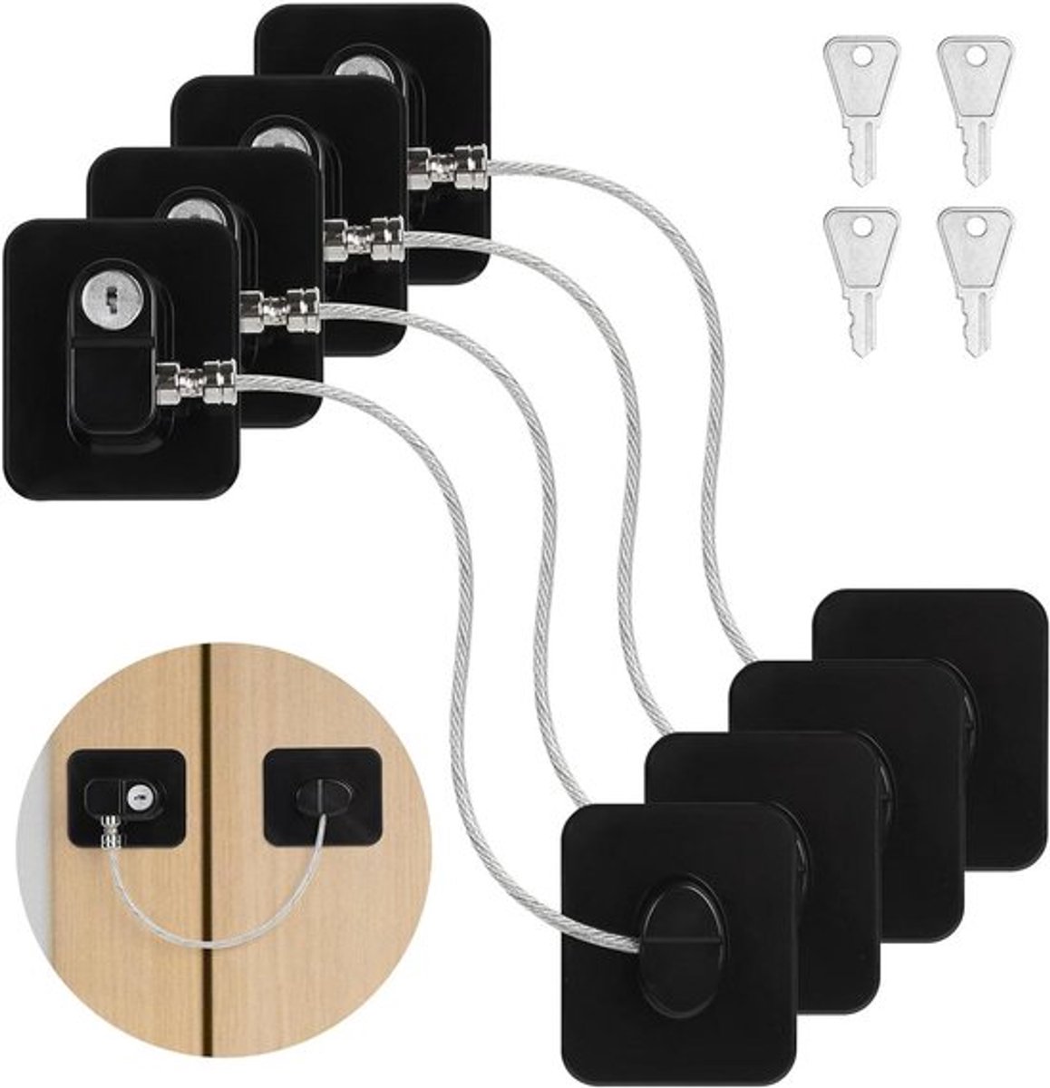 Raamveiligheidsslot voor Kasten, Ramen, Koelkasten - Set van 4 - Met Sleutel - Zwart