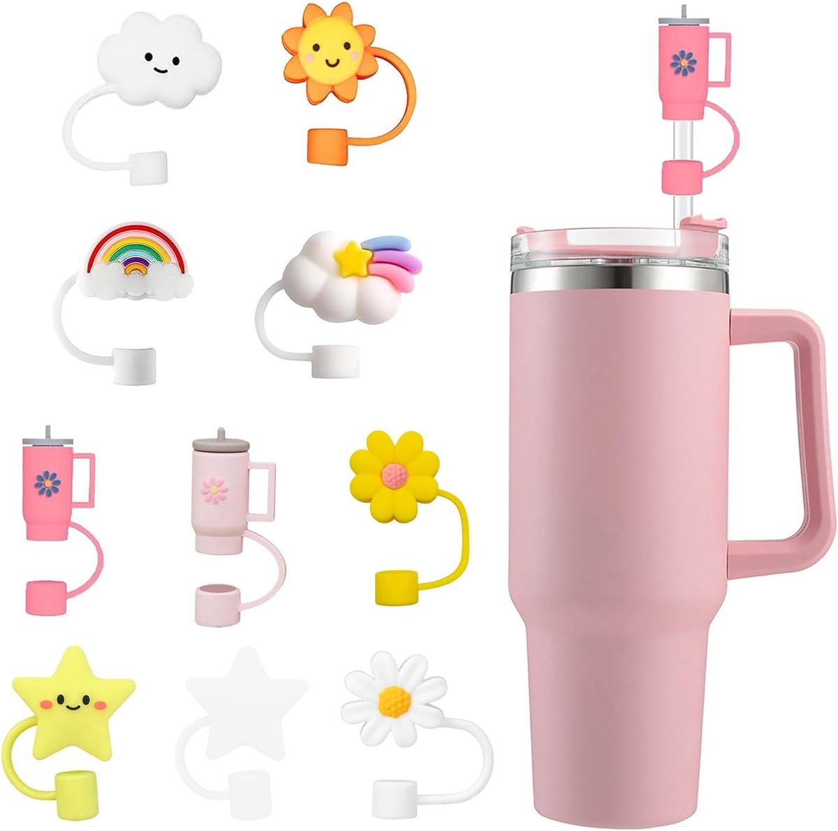 SnelShoppen - Pack van 10 Siliconen Rietjes, Herbruikbaar, Stofdicht, 10mm Cup Accessoires, Kleurige Patronen voor Feestjes, Camping en Keuken