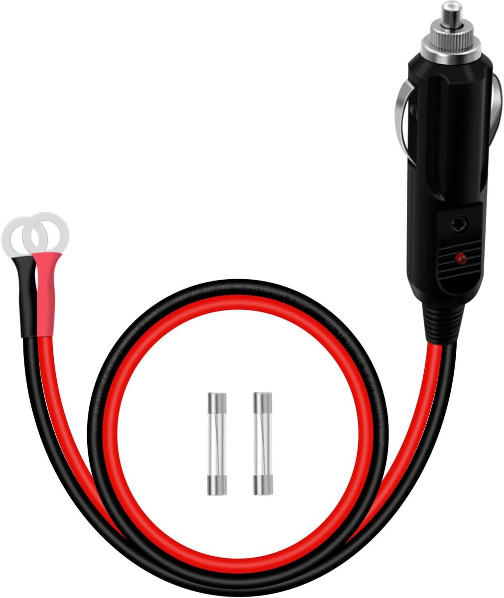 SnelShoppen - 14AWG Sigarettenaansteker Plug naar O-Ring 6mm Kabel met LED 12V 24V 20A, Voor Auto Inverters, Luchtpomp, 1m, Hoogwaardige Kwaliteit, Fl