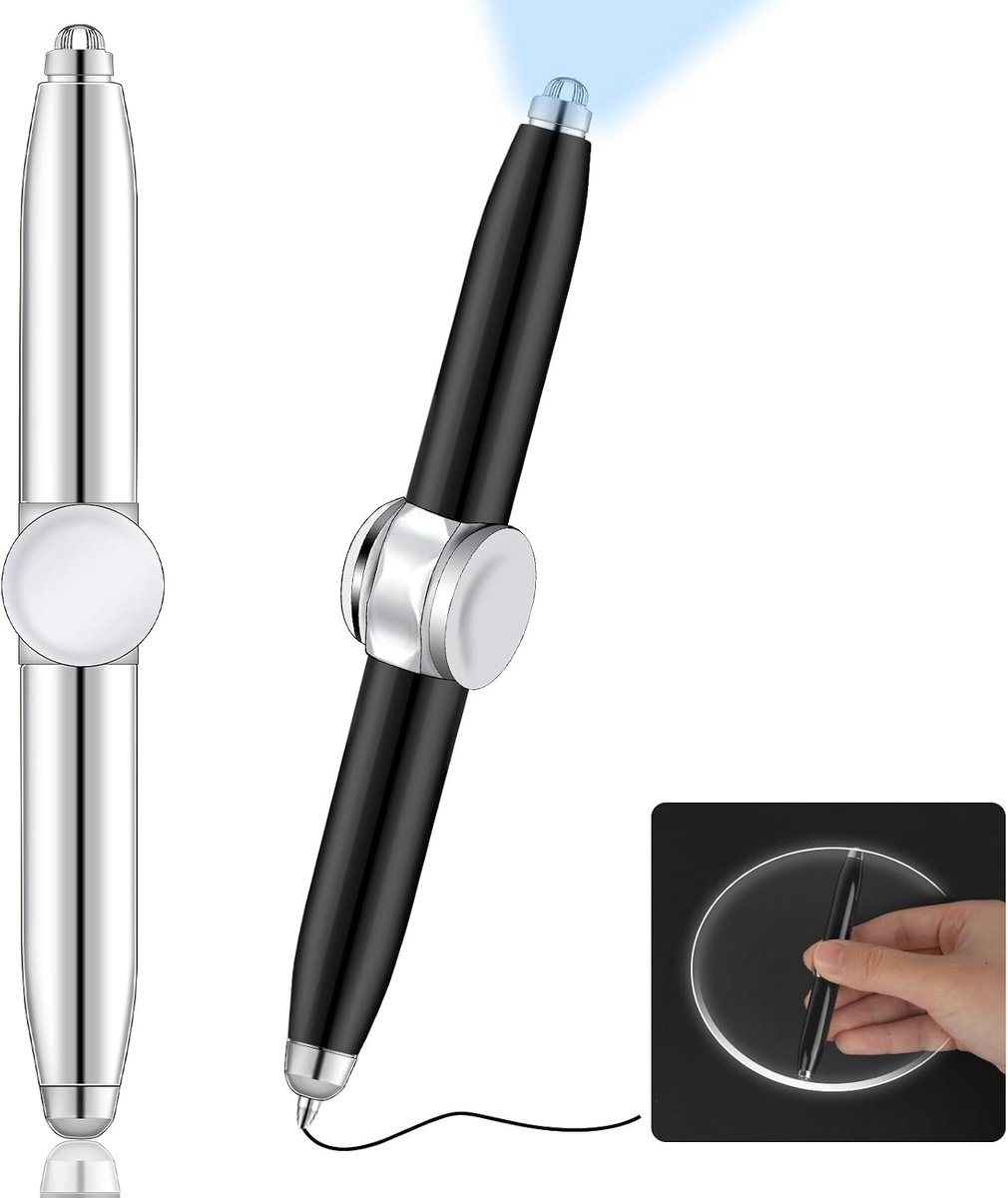 SnelShoppen - 2 Stuks Metalen Draai Pen met LED Licht - Fidget Pen met Verlichte Punt - Praktische Balpen voor Schrijven in het Donker - Ideaal voor C