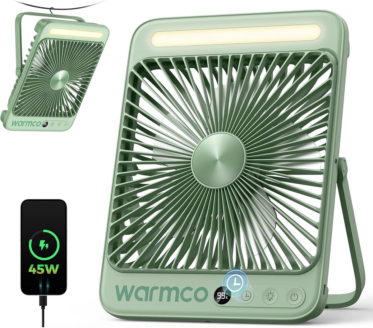SnelShoppen - Draagbare Camping Ventilator met Accu 20000mAh, 8 Inch, 45W Snellader, LED Licht, 48 Uur Batterijduur, Timer voor Slaap, Ideaal voor Bui