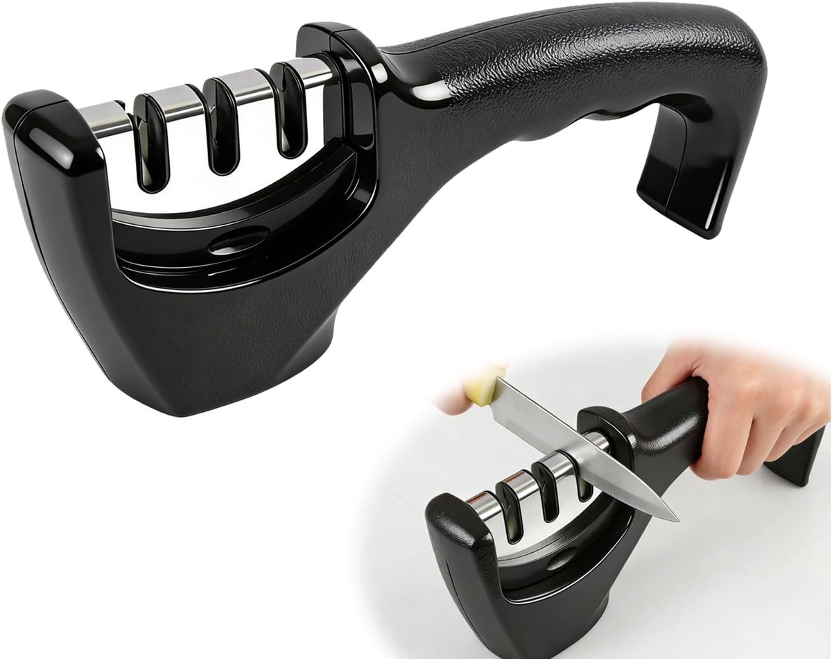 SnelShoppen - Afilador de Cuchillos Manual Professioneel - 3 Niveaus Messenslijper voor Keuken - Handmatige Rodante Afilador in Zwart - Perfect voor S