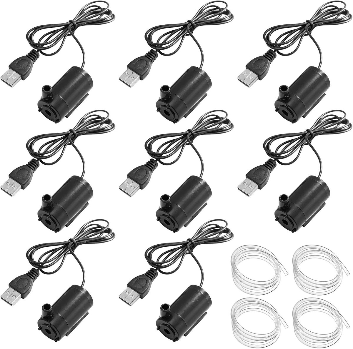 SnelShoppen - Mini-dompelpomp USB, 8 stuks, 5V waterpomp met 4 slangen, aquariumpomp voor vijver, fontein en hydrocultuur, 2-3 l/min circulatiepomp