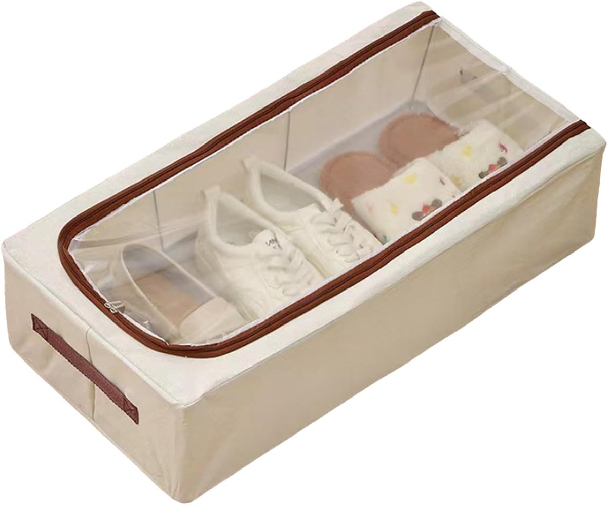 SnelShoppen - Underbed Schoenendoos Opbergtas met Transparant Venster - Ruime Schoenopslag, Vouwbaar, Beige, Ideaal voor Onderbed of Kasten