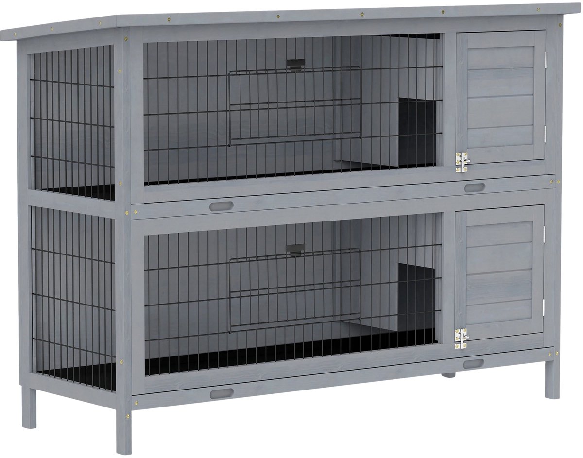Houten Konijnenhok met 2 Verdiepingen – Uitschuifbare Bodemlade & Asfaltdak – Grijs