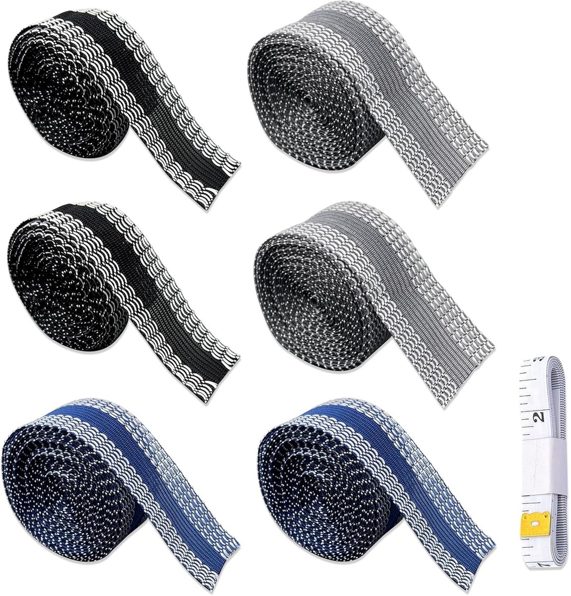 SnelShoppen - Hem Tape voor Strijken, 6 Rollen 5m x 2.5cm Hemband in Zwart, Grijs en Blauw, Ideaal voor Gordijnen, Jurken, Spijkerbroeken en Rokjes