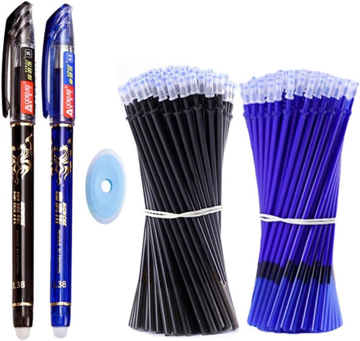 SnelShoppen - Pack van 2 0.5 mm Uitwisbare Pennen met 20 Vervangende Navullingen en 1 Gum voor Kinderen, Studenten en Volwassenen (Zwart, Blauw)