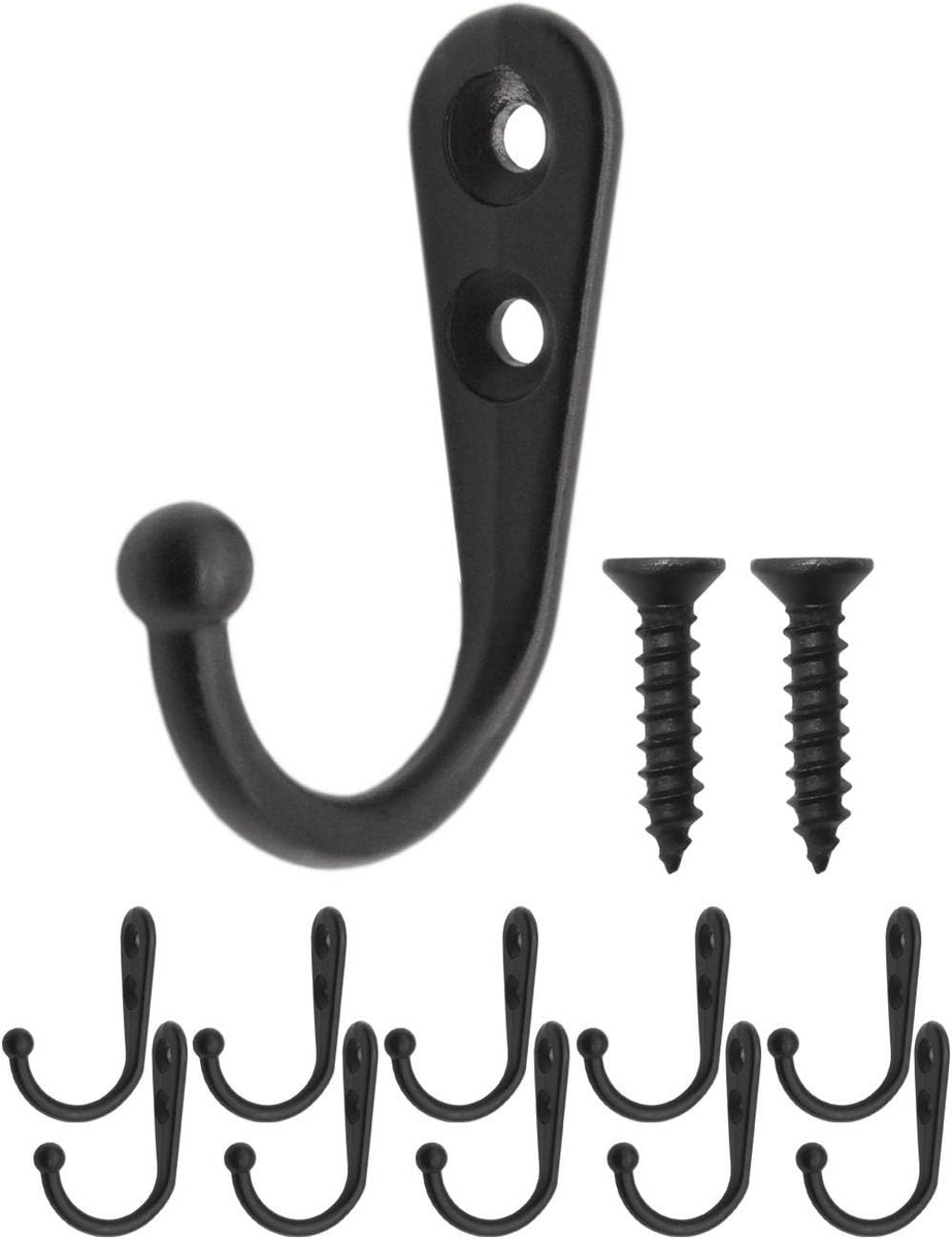 SnelShoppen - Set van 10 Classic Metaal Haken, Zwart, 42 x 26 mm, Ideaal voor Kleding, Handdoeken, Tassen, Vintage Ontwerp, Stevige IJzeren Haken voor