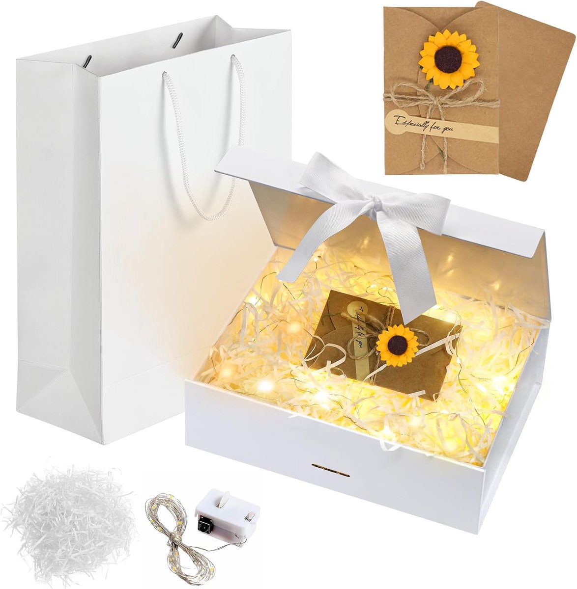 SnelShoppen - Elegante Witte Cadeau Doos met Deksel, 26x19x8 cm, Inclusief LED Lichten, Rafia Kaarten en Draagtas - Perfect voor Verjaardag, Bruiloft