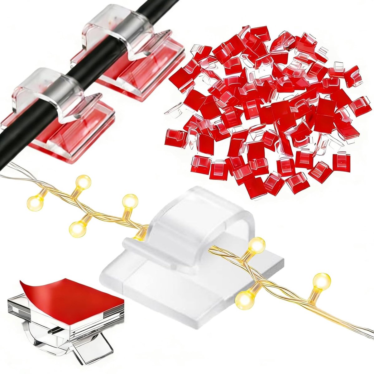 SnelShoppen - 100 Transparante Zelfklevende Kabelhouders - Cable Clips voor Data- en Stroomkabels, Lichtkettingen, Organiser voor Thuis, Kantoor, Fees