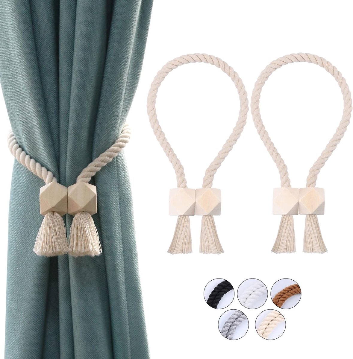 SnelShoppen - Set van 2 Sterke Magnetische Gordijnhouders, Handgeweven Katoen, Geschikt voor Binnen en Buiten, Inclusief Gordijntouwen, Beige Kleur