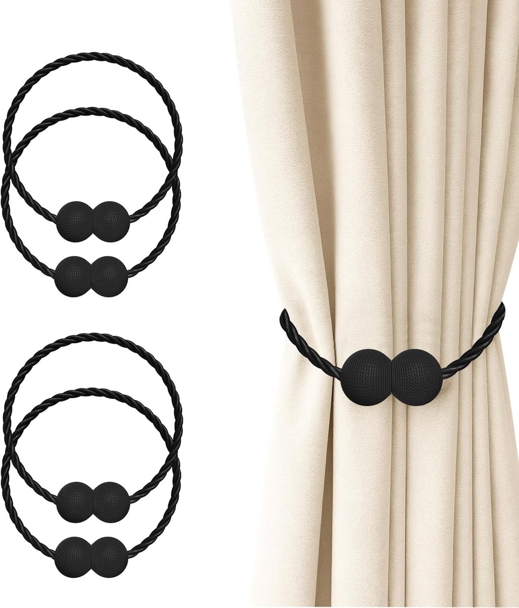 SnelShoppen - Magnetische Gordijnhouders, Zwart, 4 Stuks, Sterke Magneten, Decoratieve Gordijnclips voor Thuis, Slaapkamer en Kantoor