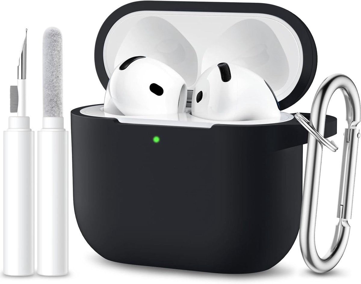 SnelShoppen - Maledan Beschermhoes Geschikt voor AirPods 4 2024, Zachte Siliconen Hoes met Schoonmaakset en Carabiner [Zichtbare LED], Zwart