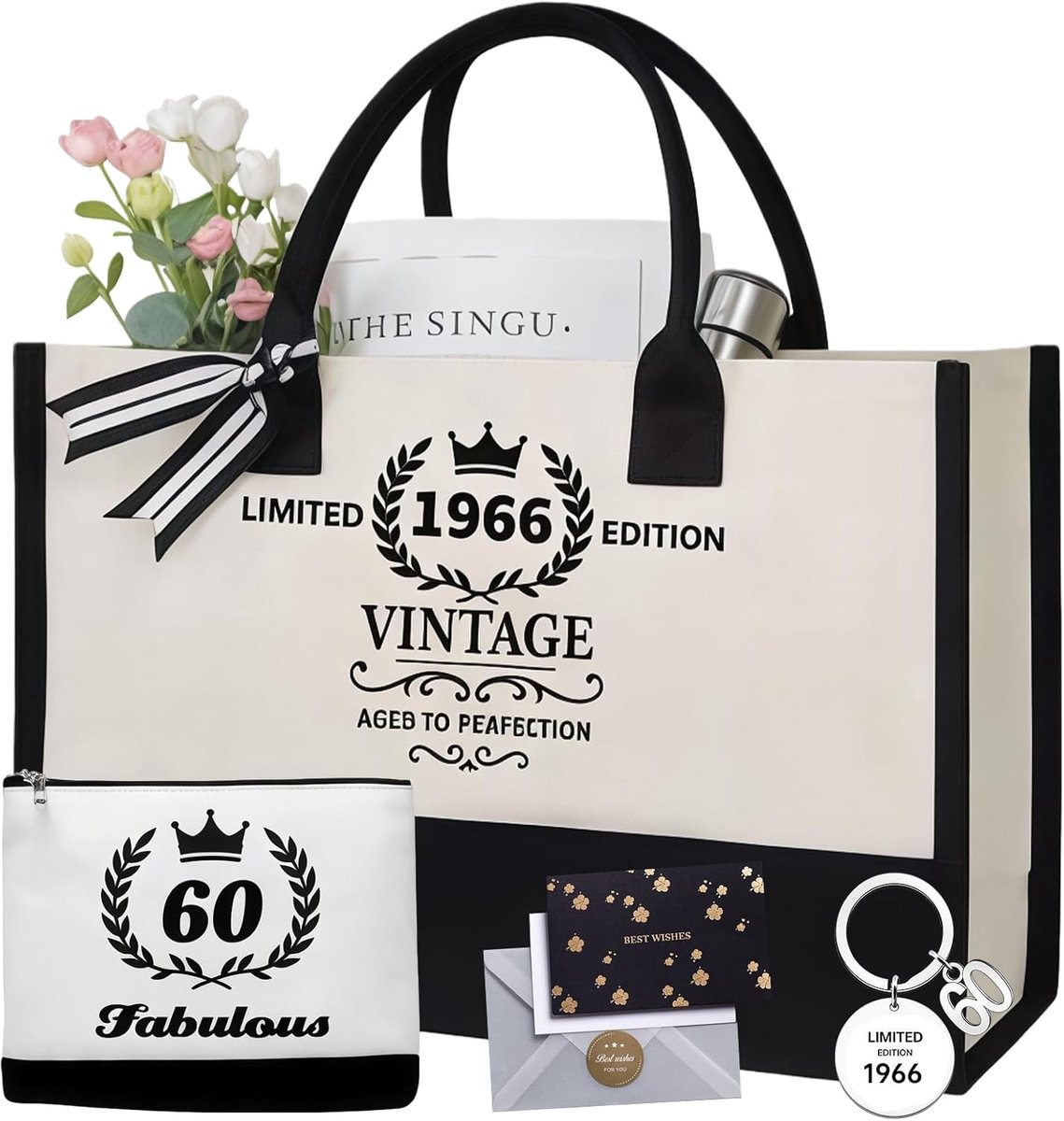 SnelShoppen - 60e Verjaardagscadeau Voor Vrouwen - Strandtas, Cosmetica Tas, Sleutelhanger, Wenskaart - Persoonlijk Cadeau voor Haar 60ste Verjaardag