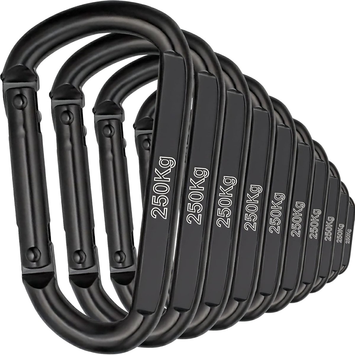 SnelShoppen - Karabijnhaak M8 zwart roestvrij staal 8 cm (set van 10) – veerkarabijnhaken 250 kg voor camping, schommel, hangmat, hond, sleutelhanger