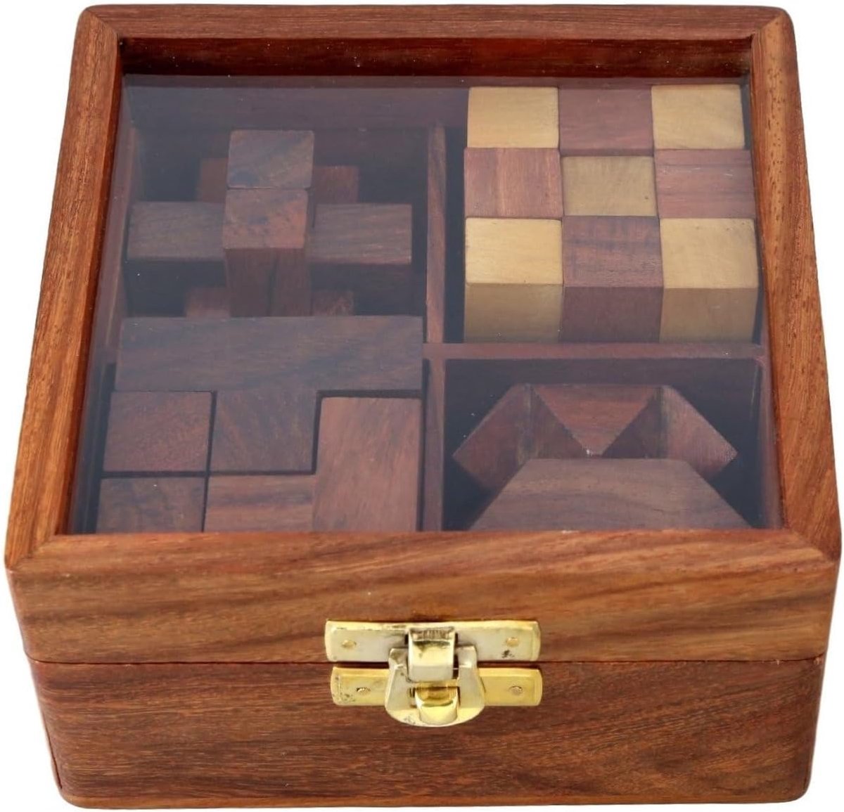 SnelShoppen - Ajuny 4-in-1 Houten Puzzelbox - 3D Puzzels en Breinbrekers voor Volwassenen - Decoratieve Opbergdoos met Glazen Deksel - Uniek Cadeau vo